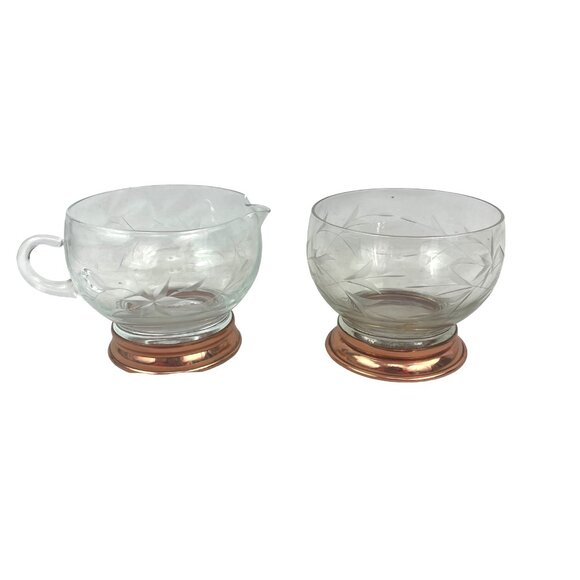 Etched Glass and Copper Base Vintage Glass Creamer and Sugar Bowl Set With Coppe - Picture 7 of 8